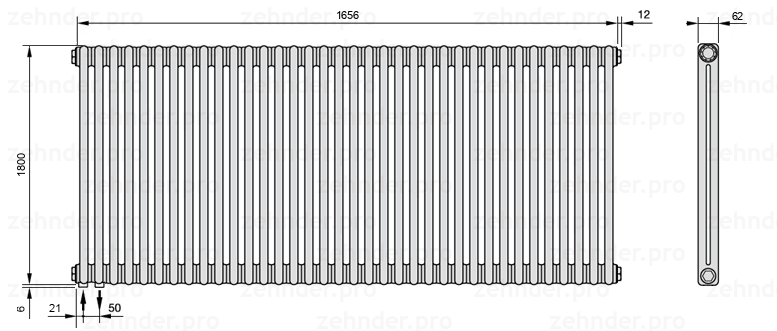 Схема (чертеж) Радиатор Zehnder Charleston 2180/36 №3370 Белый глянцевый RAL 9016